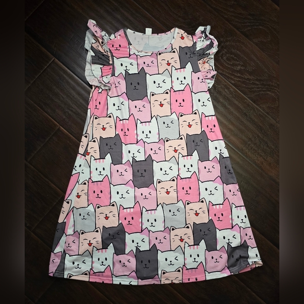 Shein Girls Flutter Sleeve Cat Print Casual Dress 11-12Y